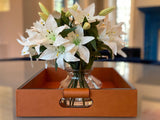 Luxury serving tray - Cooper Leather Tray with premium leather and hand-stitched handles for sophisticated entertaining with lilies