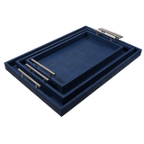 Discover the Canaan Shagreen Serving Tray from One Preevay—a luxurious tray crafted with sea blue exotic embossed leather and nickel hardware. Available in three sizes: 17"x10", 20"x13", and 23"x15". Elevate your entertaining experience with sophistication and style. Order now...