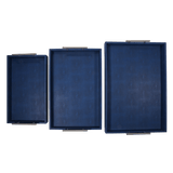 Discover the Canaan Shagreen Serving Tray from One Preevay—a luxurious tray crafted with sea blue exotic embossed leather and nickel hardware. Available in three sizes: 17"x10", 20"x13", and 23"x15". Elevate your entertaining experience with three