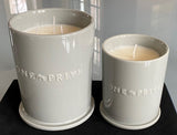 Discover the Moroccan Amber Perfumed Estate Candle from One Preevay. Handcrafted with essential oils and soy wax, this 21.2 oz candle features a triple wick and pale gray porcelain vessel with Two