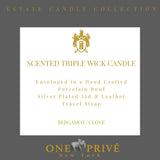 Indulge in the Bergamot and Clove Perfumed Estate Candle from One Preevay. Handcrafted with premium essential oils and soy wax, it features a stunning porcelain bowl with a silver-plated lid and leather strap. Elevate your ambiance....