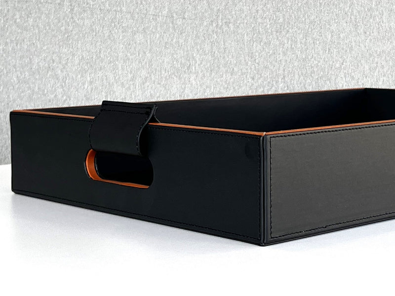 Luxury serving tray - Cooper Black Leather Tray with premium leather and hand-stitched handles for sophisticated entertaining 3 Inch Deep side front 