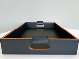 Luxury serving tray - Cooper Black Leather Tray with premium leather and hand-stitched handles for sophisticated entertaining 3 Inch Deep Front Side 