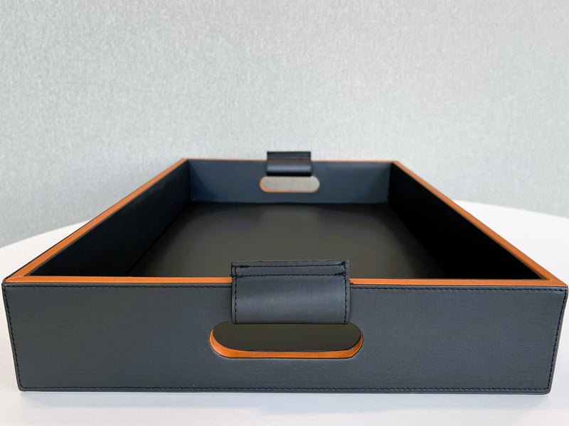 Luxury serving tray - Cooper Black Leather Tray with premium leather and hand-stitched handles for sophisticated entertaining 3 Inch Deep Front Side 