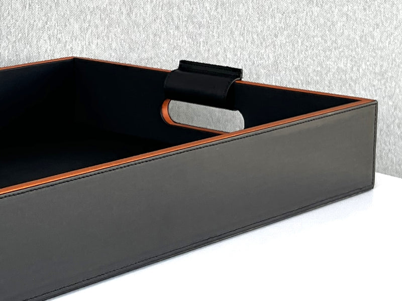 Luxury serving tray - Cooper Black Leather Tray with premium leather and hand-stitched handles for sophisticated entertaining 3 Inch Deep angle depth 