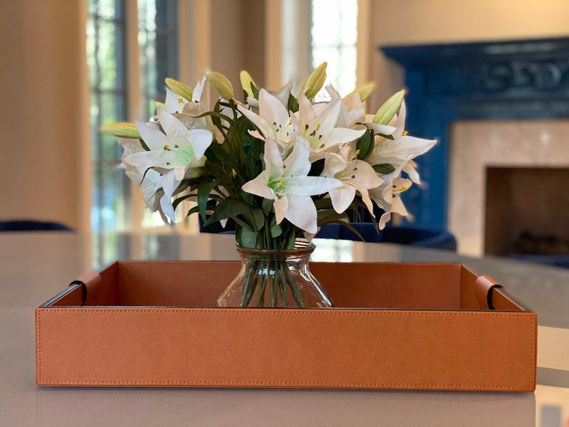 Luxury serving tray - Cooper Leather Tray with premium leather and hand-stitched handles for sophisticated entertaining