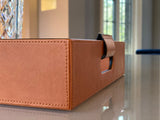 Luxury serving tray - Cooper Leather Tray with premium leather and hand-stitched handles for sophisticated entertaining with warm colors 