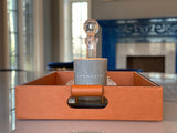 Luxury serving tray - Cooper Leather Tray with premium leather and hand-stitched handles for sophisticated entertaining with Candle 