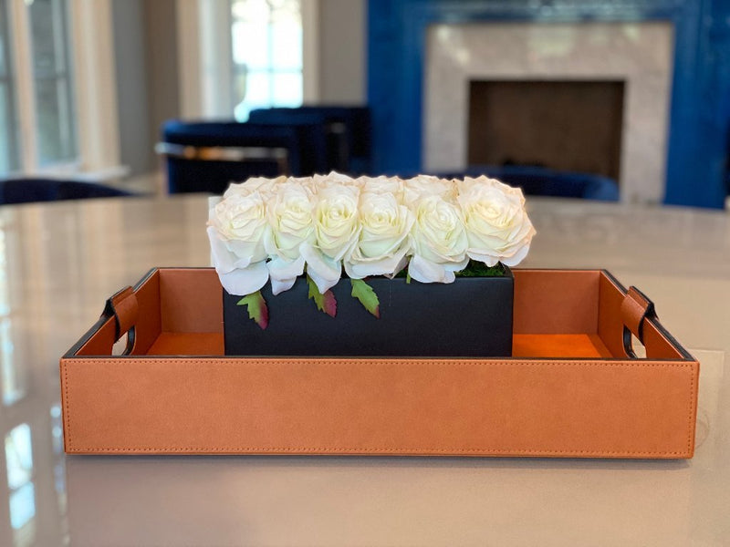 Luxury serving tray - Cooper Leather Tray with premium leather and hand-stitched handles for sophisticated entertaining alone or with family 