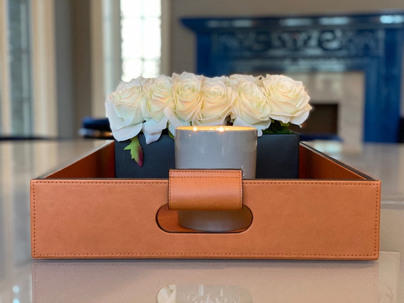 Luxury serving tray - Cooper Leather Tray with premium leather and hand-stitched handles for sophisticated entertaining with Roses 