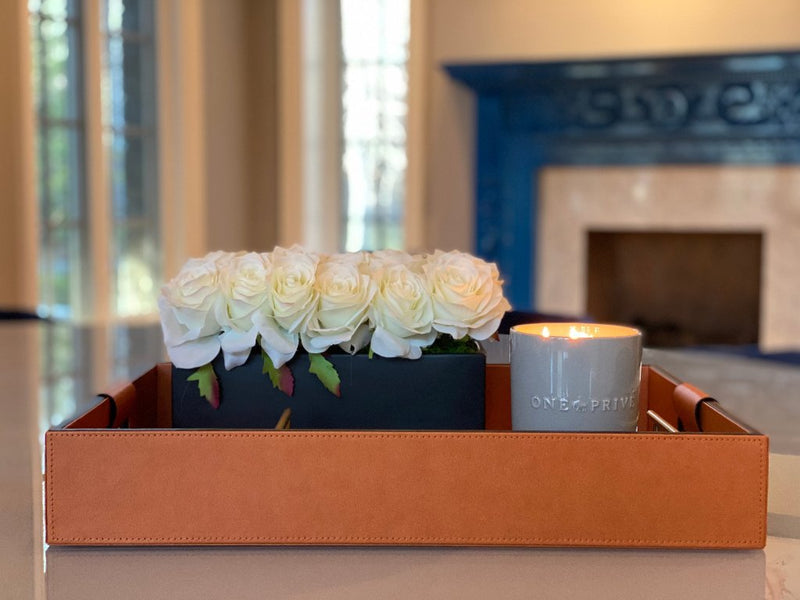 Luxury serving tray - Cooper Leather Tray with premium leather and hand-stitched handles for sophisticated entertaining with Flowers 