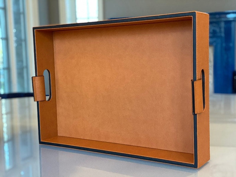 Luxury serving tray - Cooper Leather Tray with premium leather and hand-stitched handles for sophisticated entertaining extra large server