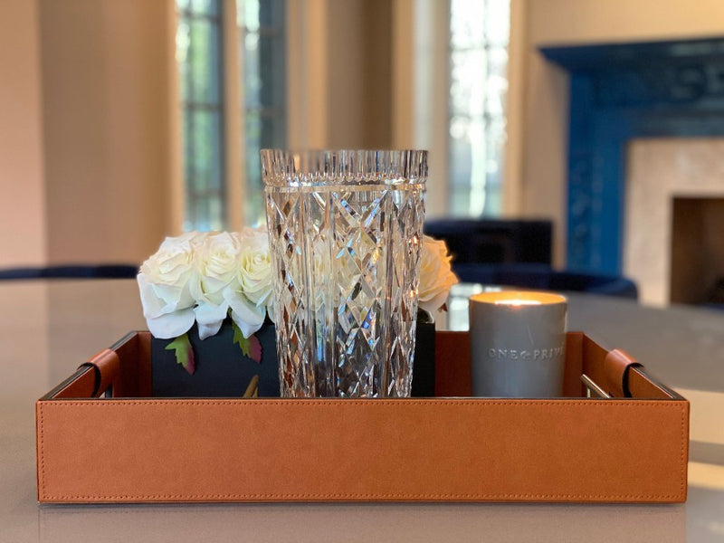Luxury serving tray - Cooper Leather Tray with premium leather and hand-stitched handles for sophisticated entertaining for all occasions 