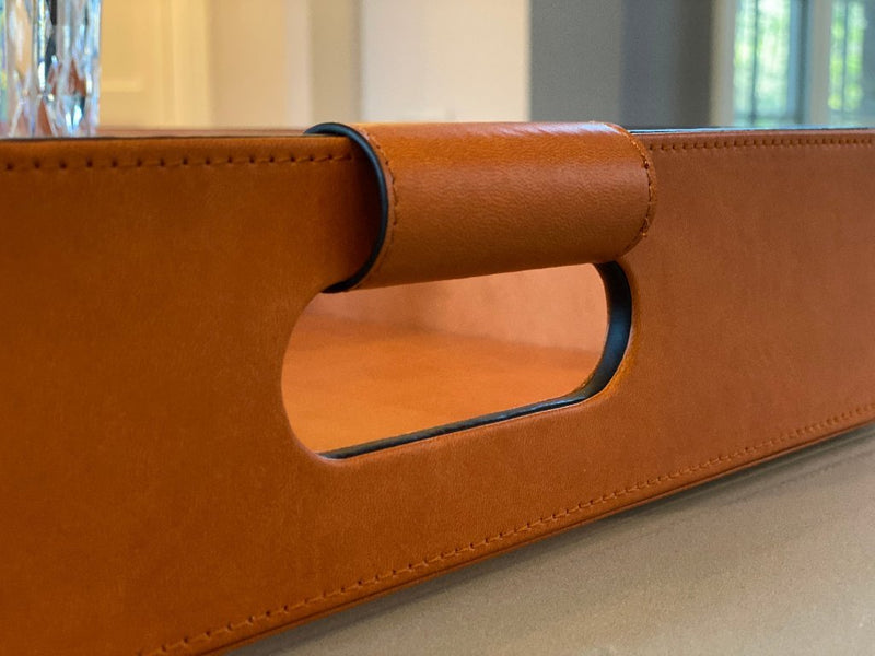 Luxury serving tray - Cooper Leather Tray with premium leather and hand-stitched handles for sophisticated entertaining with oval grips 