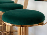 Atlas luxury Art Deco bar stool with custom bronze finish and premium velvet upholstery, showing Chrysler Building inspired design details....