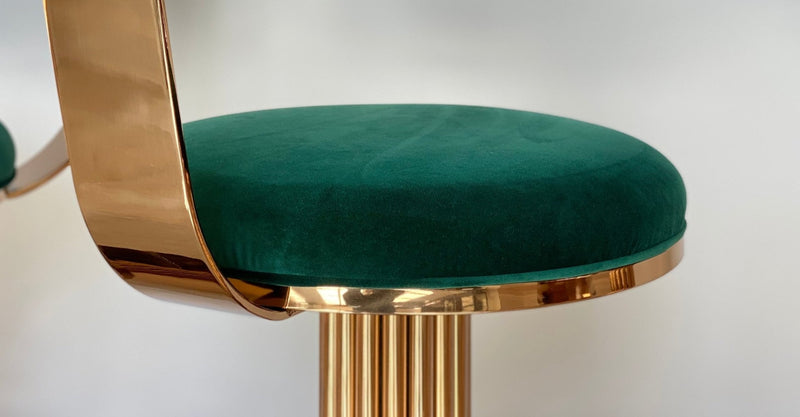 Discover the Atlas Bar Stool by One Preevay, inspired by the Chrysler Building. Customizable with textured bronze metal and plush velvet. Perfect for luxury residences and upscale spaces close zoom velvet 