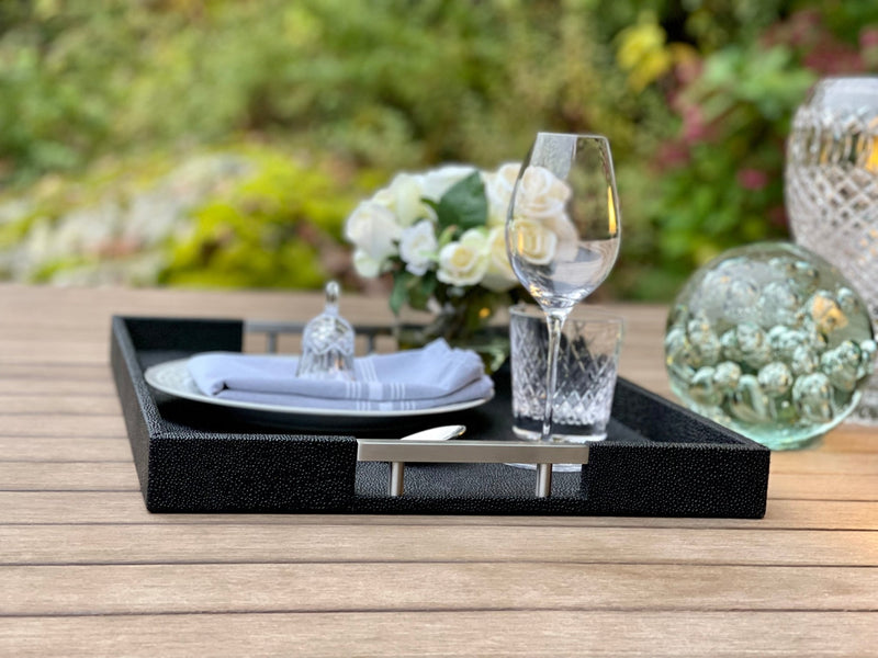 "Indulge in luxury with One Preevay's ONYX Shagreen Serving Tray. Expertly crafted with textured leather, nickel handles & ivory velvet. Perfect for special occasions, grand events & intimate gatherings. Order now & elevate your lifestyle....
