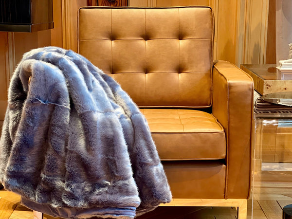 "Indulge in timeless luxury with One Preevay's Breakfast at Tiffany's Inspired Sable Faux Fur Throw. Ultra-soft, 950gsm, midnight blue, 50x60". Tribute to Audrey Hepburn's iconic style, hypoallergenic, durable & cruelty-free. Luxury home decor at its finest."
