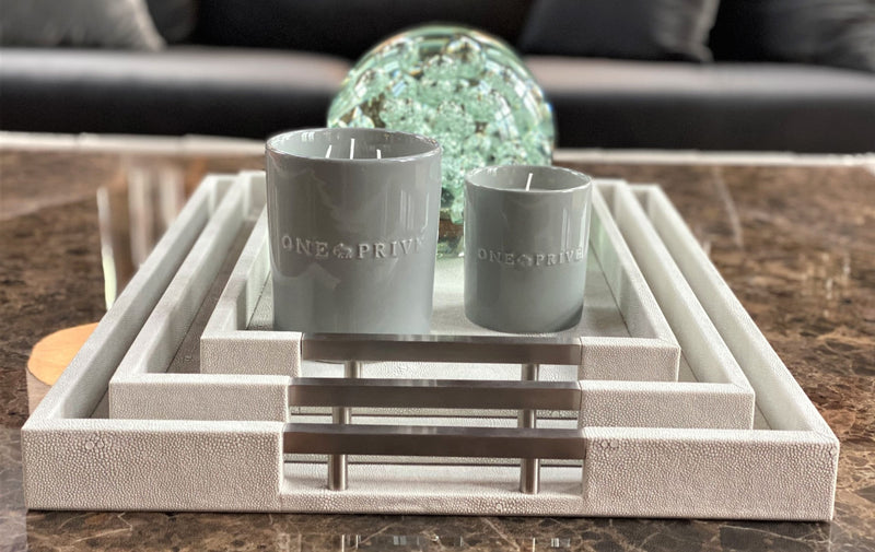 Luxury shagreen serving tray with inlaid nickel handles and ivory velvet underside"
Thursby Shagreen Hotel Tray - exotic embossed leather and nickel accents High-end serving tray with shagreen leather, inlaid nickel handles, and velvet underside" "Luxury entertaining tray - Thursby Shagreen, embossed leather, nickel handles"
"Shagreen leather serving tray with inlaid nickel handles and elegant design"
Luxury serving trays
Shagreen leather trays three