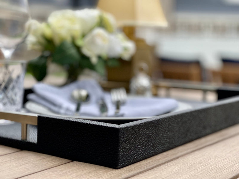 ONYX Shagreen Serving Tray | Exotic Embossed Leather and Nickel Handles Black for dinner 