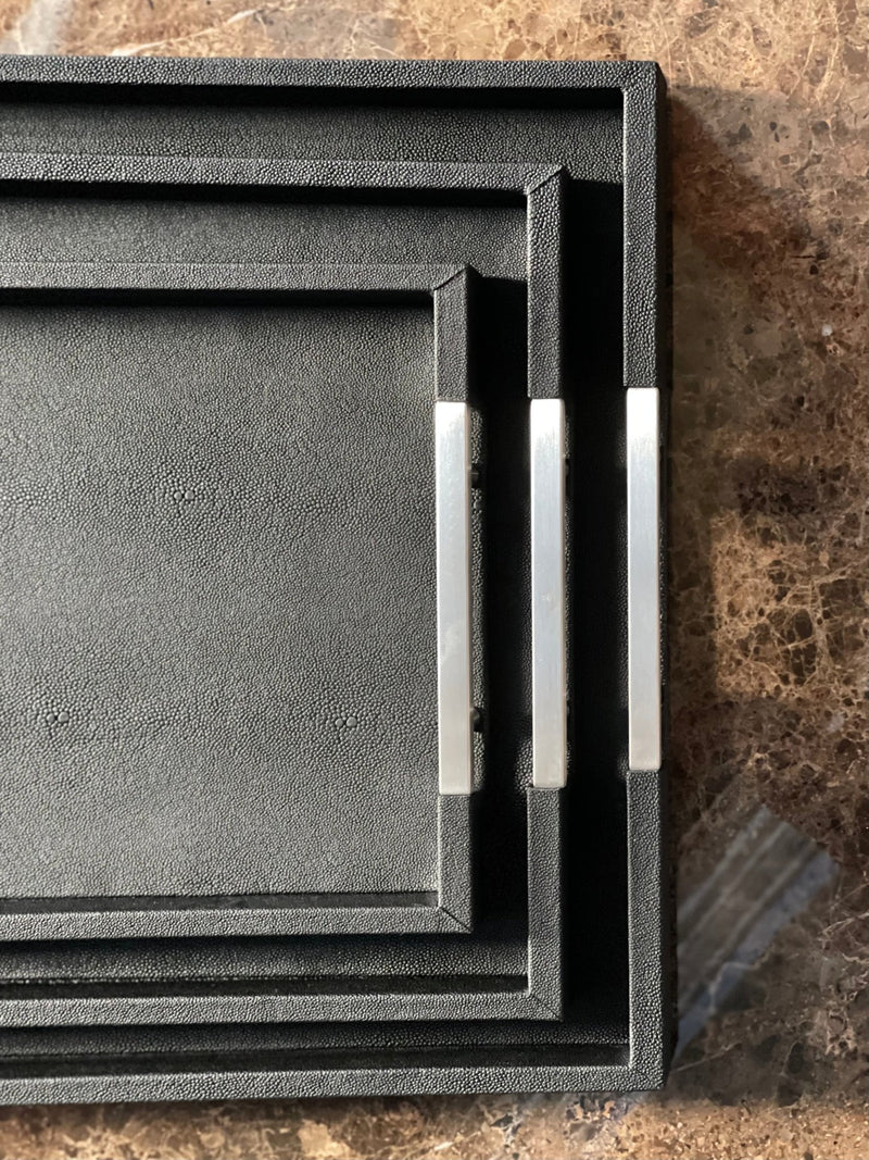 The ONYX Shagreen Serving Tray | Exotic Embossed Leather and Nickel Handles | Black  Elevate Your Entertaining Experience  Indulge in the luxury of the ONYX Shagreen Serving Tray.....