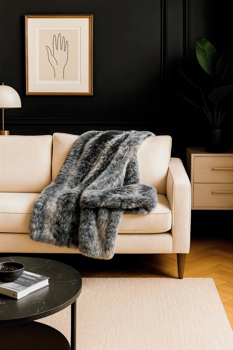 Botero-Inspired ONE Preevay Faux Fur Throw - Fox & Mink - Ultra-Plush 1200gsm | Blended Black