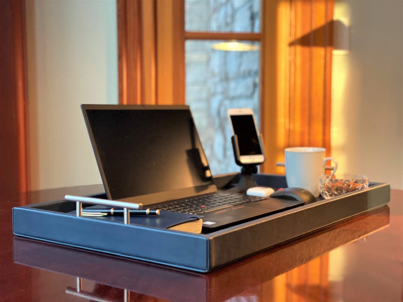ASAP-Now - Upgrade your remote work setup with the Porsche-Style Navy Leather Professional Portable Work Station. Luxurious and ergonomic, it offers dual access ports and a plush leather finish. Perfect for home offices and travel. Available now for you to buy for the person in your life.....