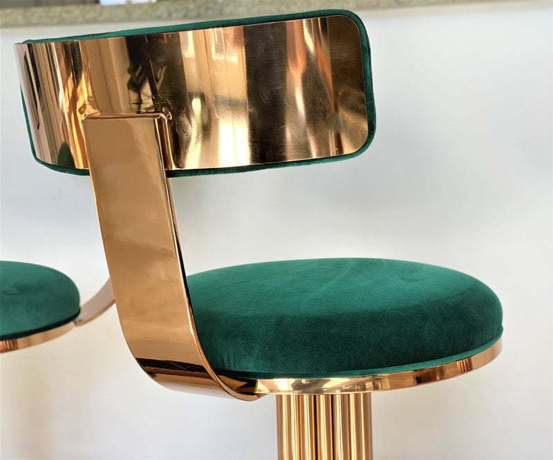 Discover the Atlas Bar Stool by One Preevay, inspired by the Chrysler Building. Customizable with textured bronze metal and plush velvet. Perfect for luxury residences and upscale venues. Minimum order applies 