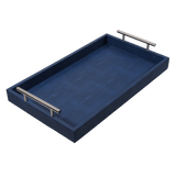 Discover the Canaan Shagreen Serving Tray from One Preevay—a luxurious tray crafted with sea blue exotic embossed leather and nickel hardware. Available in three sizes: 17"x10", 20"x13", and 23"x15". Elevate your entertaining experience with sophistication and style. Please order. 
