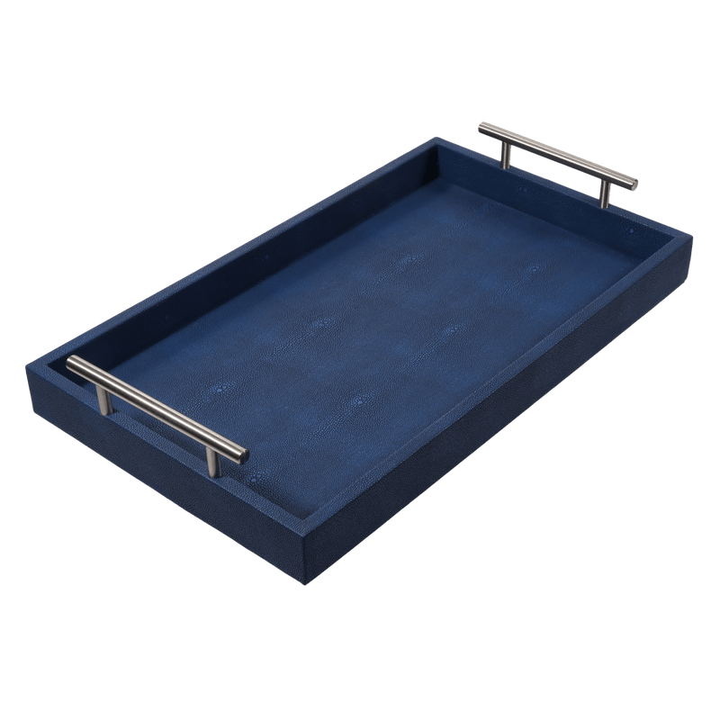 Discover the Canaan Shagreen Serving Tray from One Preevay—a luxurious tray crafted with sea blue exotic embossed leather and nickel hardware. Available in three sizes: 17"x10", 20"x13", and 23"x15". Elevate your entertaining experience with sophistication and style. Please order. 
