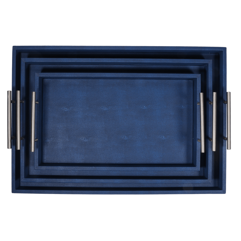 Discover the Canaan Shagreen Serving Tray from One Preevay—a luxurious tray crafted with sea blue exotic embossed leather and nickel hardware. Available in three sizes: 17"x10", 20"x13", and 23"x15". Elevate your entertaining experience with sophistication and style. Order now all three

