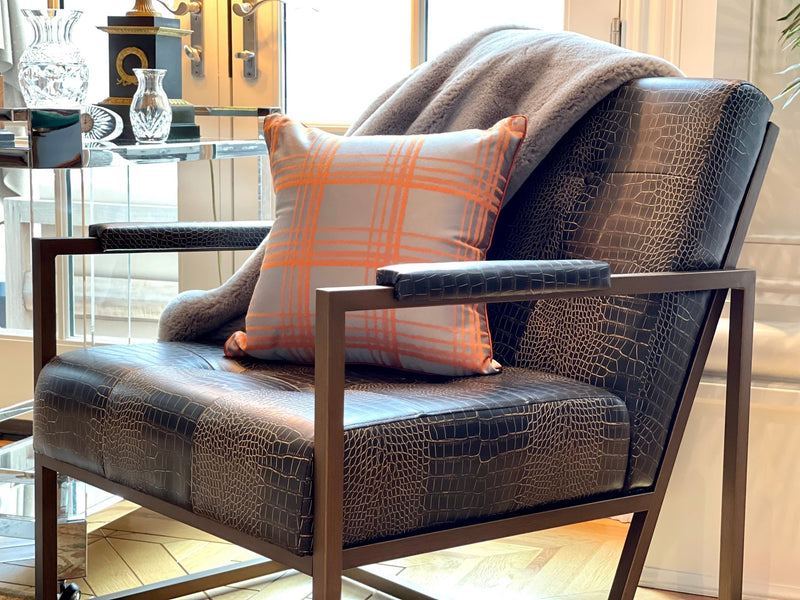 St. Charles Club Seating | Bronze Brushed Contemporary Frame | Embossed Brown Leather