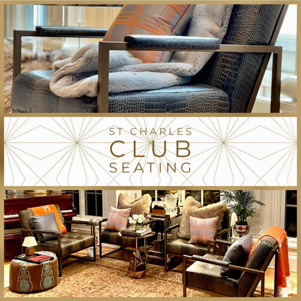 St. Charles Club Seating | Bronze Brushed Contemporary Frame | Embossed Brown Leather