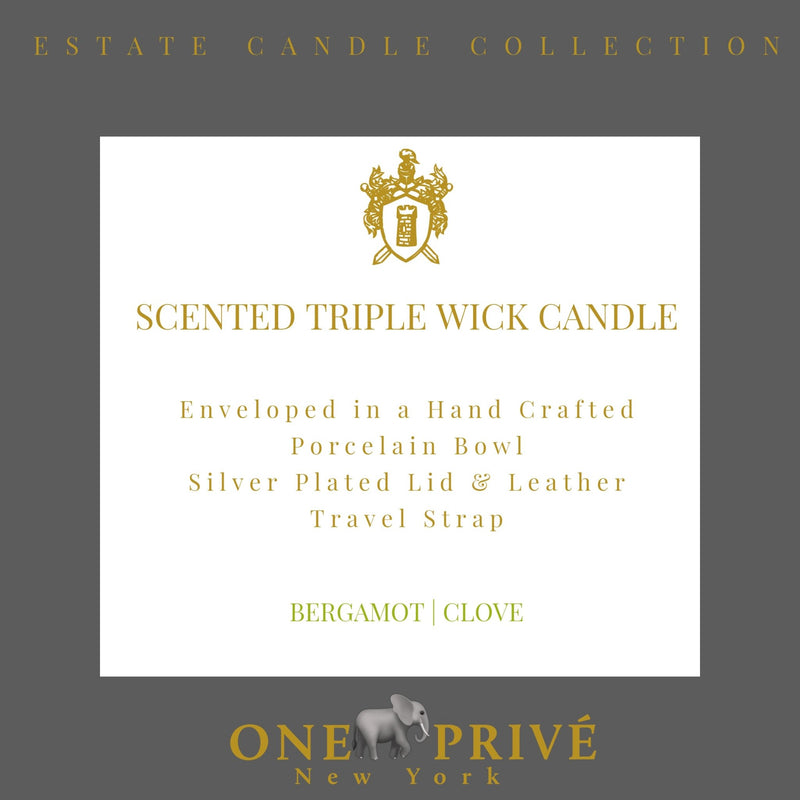 Indulge in the Bergamot and Clove Perfumed Estate Candle from One Preevay. Handcrafted with premium essential oils and soy wax, it features a stunning porcelain bowl with a silver-plated lid and leather strap. Elevate your ambiance....