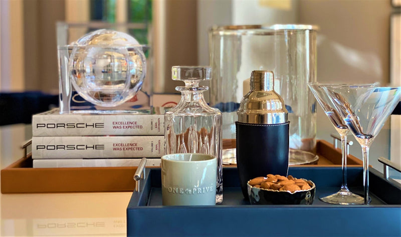 One Preevay Luxury Home Furnishings and Decor, The Perfect Blend of Style and Serenity in Navy 

Pierre Hand Stitched Premium Leather Hotel Tray in Navy Blue with Nickel Hardware in Carmel and Navy