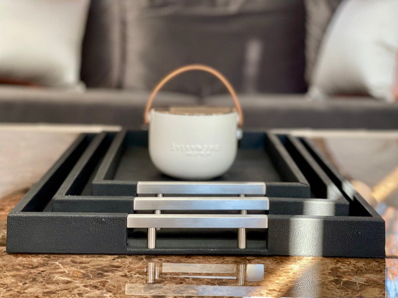 The ONYX Shagreen Serving Tray | Exotic Embossed Leather and Nickel Handles | Black  Elevate Your Entertaining Experience  Indulge in the luxury of the ONYX Shagreen Serving Tray