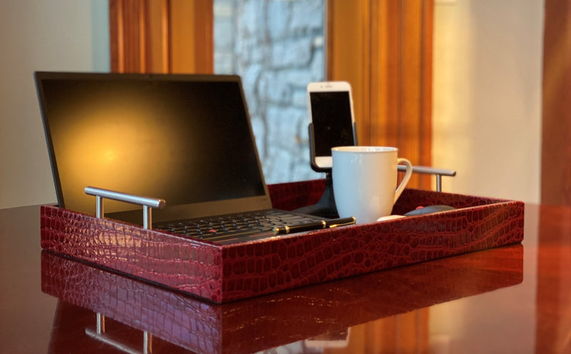 Upgrade your remote work setup with the Professional Portable Work Station in premium red embossed leather. Highly durable and lightweight, it features dual access ports for versatility. Available in three sizes. Order now for peak productivity for working 
