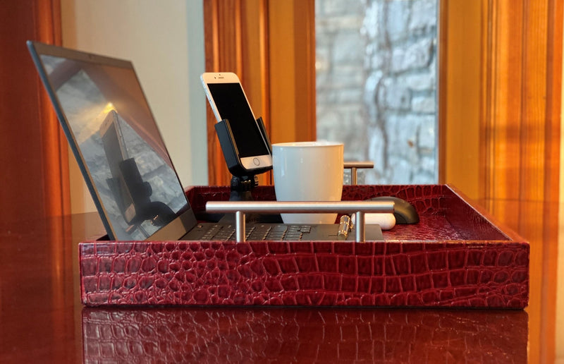 Upgrade your remote work setup with the Professional Portable Work Station in premium red embossed leather. Highly durable and lightweight, it features dual access ports for versatility. Available in three sizes. Order ASAP for peak productivity.
